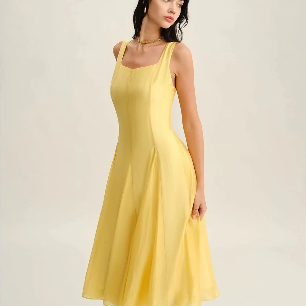 Yellow Square Neck Pleated Slip Midi Dress - Picture 2 of 7